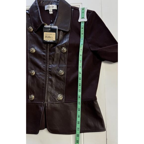 NWT $1495 St John Collection Brown Size 8 Wool Blend Leather Silk Jacket - Picture 7 of 8